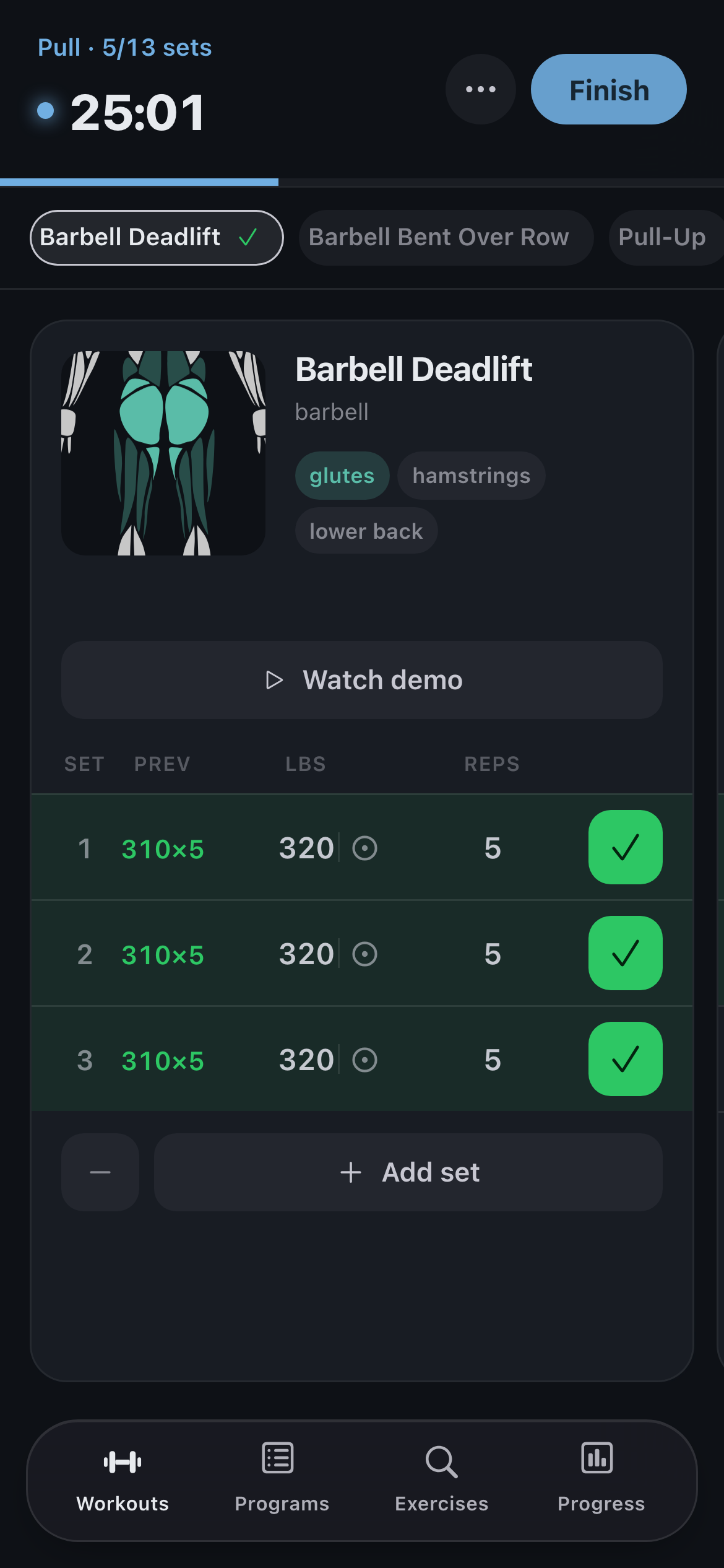 Rune active workout screen with completed deadlift sets beating the previous session