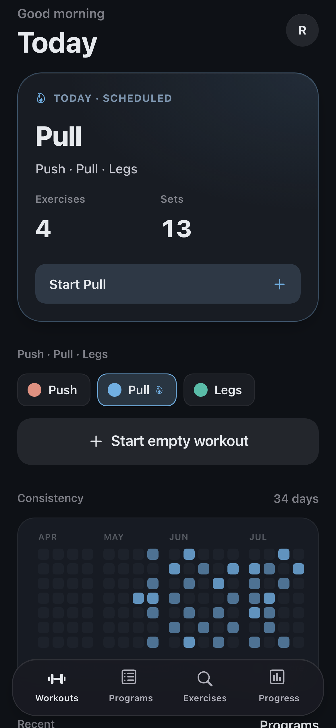 Rune home screen showing today’s scheduled workout and a consistency grid