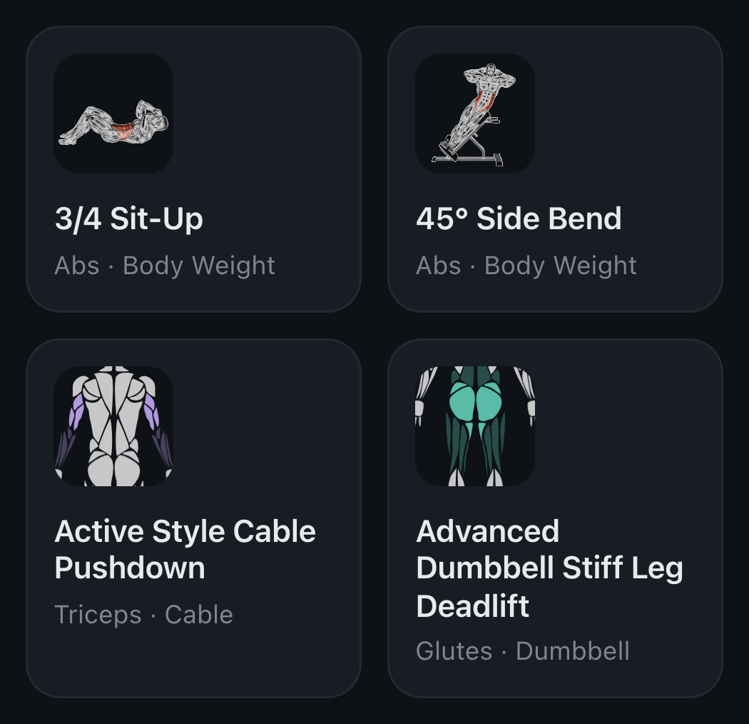 Exercise library cards with muscle-map thumbnails